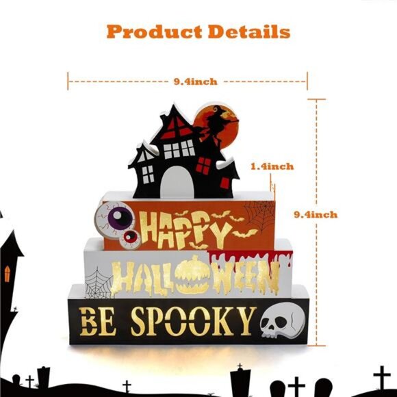 Halloween Decorations Indoor 9.4" 4-Tier Wooden Block Set with Glowing 3D - Picture 2 of 8